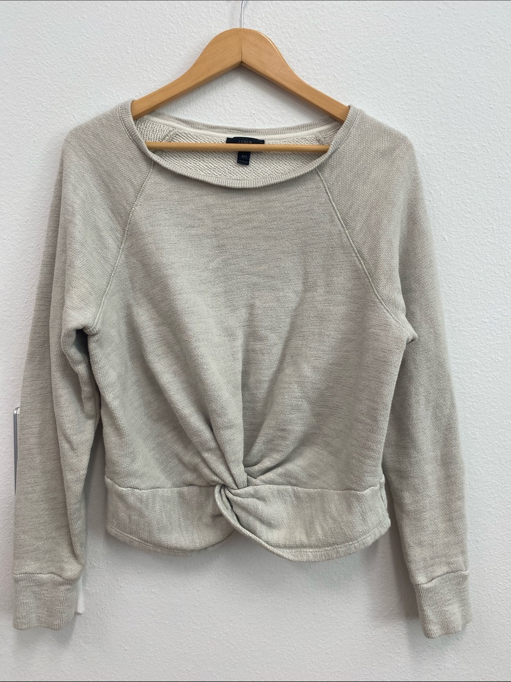 J. Crew Gray Knot-Front Crewneck Sweatshirt S/M wide neck pullover 100% Cotton